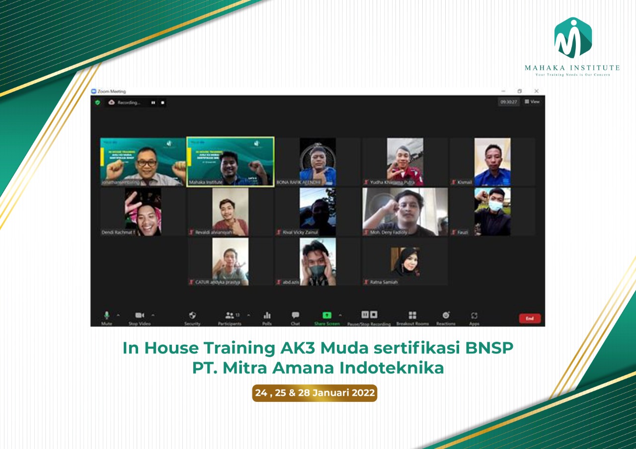 In House Training AK3 Muda Sertifikasi BNSP. PT Mitra Amana Indoteknika (24, 25 & 28 Januari 2022)