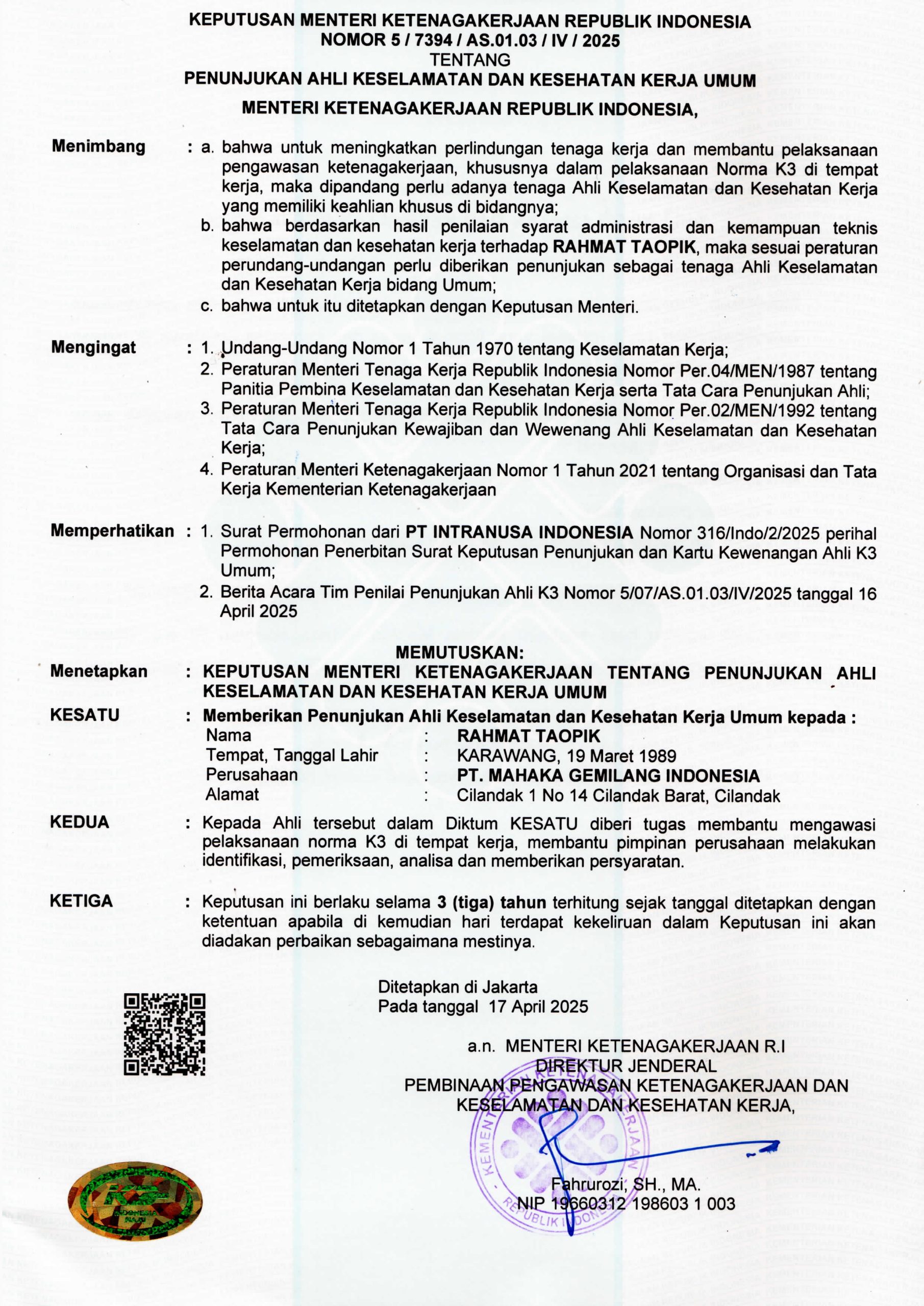 SKP Ahli K3 Mahaka Institute