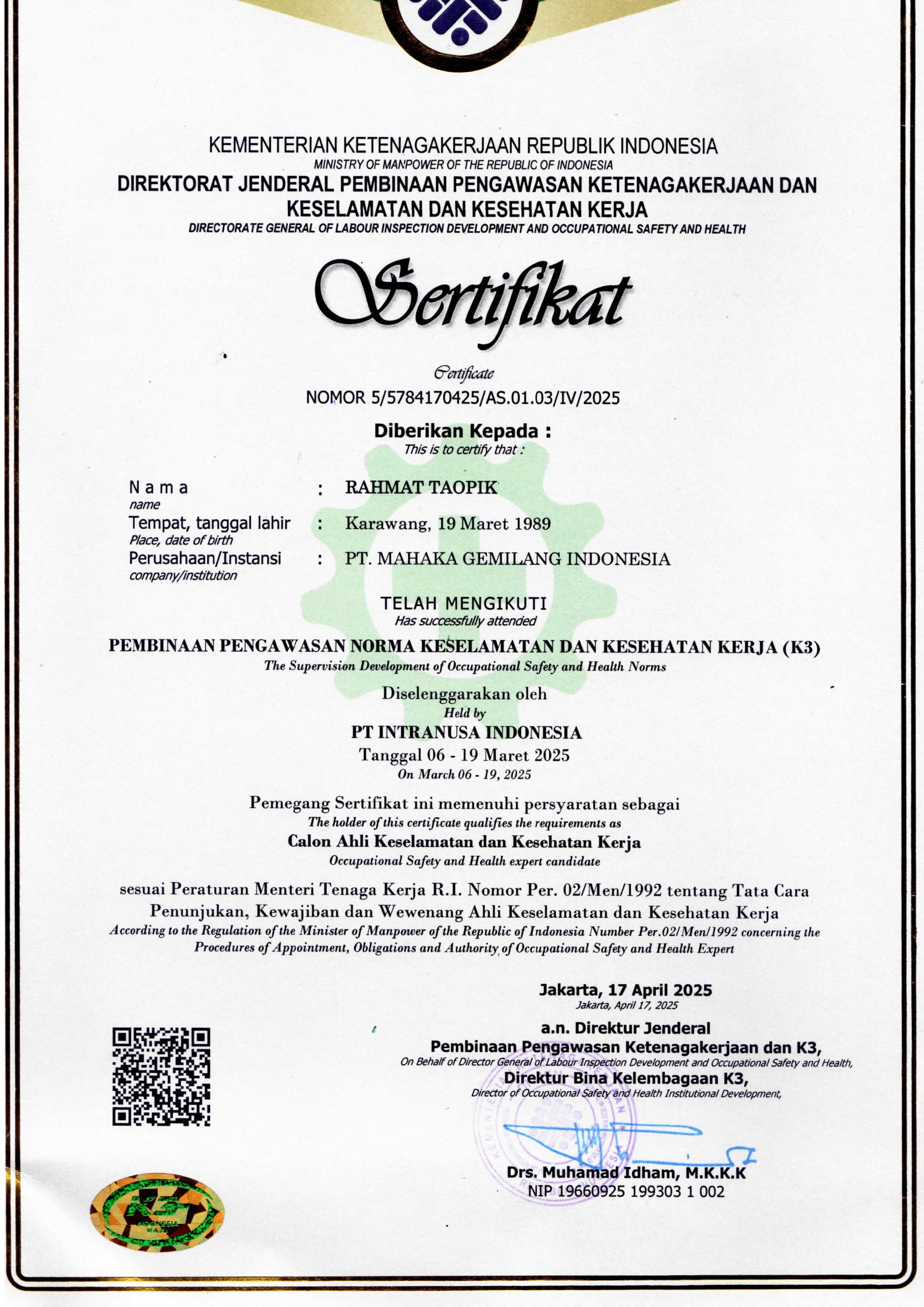 Sertifikat Staf Ahli K3 Mahaka Institute